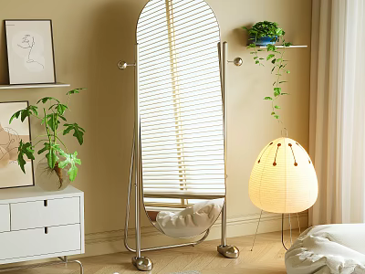 Arched Louvered Floor Mirror With Metal Stand And Green Plants In Modern Interior 3d model