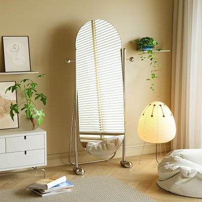 Arched Louvered Floor Mirror With Metal Stand And Green Plants In Modern Interior 3d model