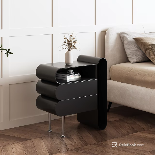 Modern Black Bedside Table With Layered Design Metal Legs White Vase Dried Flowers And Books 3d model 