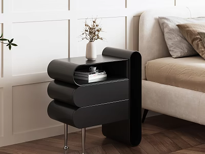 Modern Black Bedside Table With Layered Design Metal Legs White Vase Dried Flowers And Books 3d model