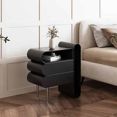 Modern Black Bedside Table With Layered Design Metal Legs White Vase Dried Flowers And Books 3d model