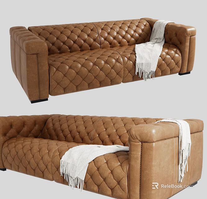 Brown Leather Two Seater Sofa With Tufted Design And White Blanket 3d model 