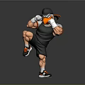 Muscular Cartoon Character In Black Sportswear With White Boxing Gloves Black Cap And Orange Accents