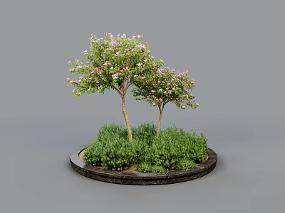 Decorative Circular Planter With Two Trees Bearing Pink Flowers And Green Shrubs 3d model