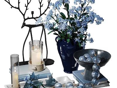 Elegant Decorative Ornament Set With Blue Flowers Vase Candle Holders Deer Figurine And Sphere Decorations 3d model