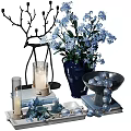 Elegant Decorative Ornament Set With Blue Flowers Vase Candle Holders Deer Figurine And Sphere Decorations