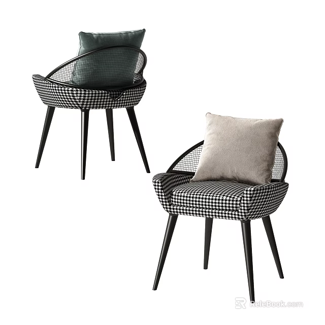 Comfortable Modern Leisure Chair With Checkered Pattern Cushion And Black Legs 3d model