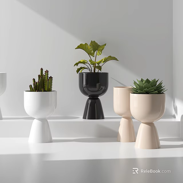 Stylish Potted Bonsai Plants With White Black Beige Tall Footed Pots On Bright White Shelf 3d model 