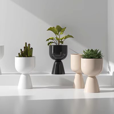 Stylish Potted Bonsai Plants With White Black Beige Tall Footed Pots On Bright White Shelf 3d model