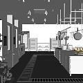 Commercial Kitchen With Stainless Steel Appliances Hanging Pots Worktables And Bright Lighting