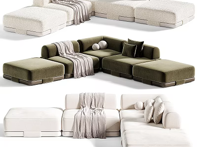 Modular Sectional Sofa Designs In Green And Cream With Throw Pillows And Blanket 3d model