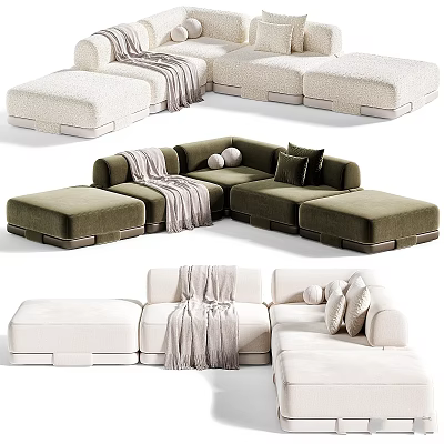 Modular Sectional Sofa Designs In Green And Cream With Throw Pillows And Blanket 3d model