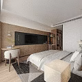 Elegant Warm Hotel Guest Room With Wooden Feature Wall Cozy Bed Desk And Open Wardrobe