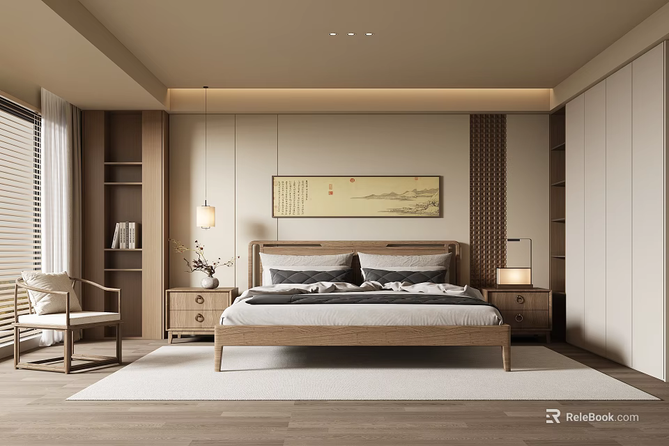 Modern Minimalist Bedroom Interior Design With Wooden Bed And Decorative Wall Art 3d model 