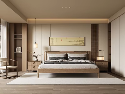 Modern Minimalist Bedroom Interior Design With Wooden Bed And Decorative Wall Art 3d model