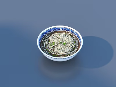 Bowl of Fresh Noodles in Blue and White Patterned Bowl Garnished with Green Onions 3d model