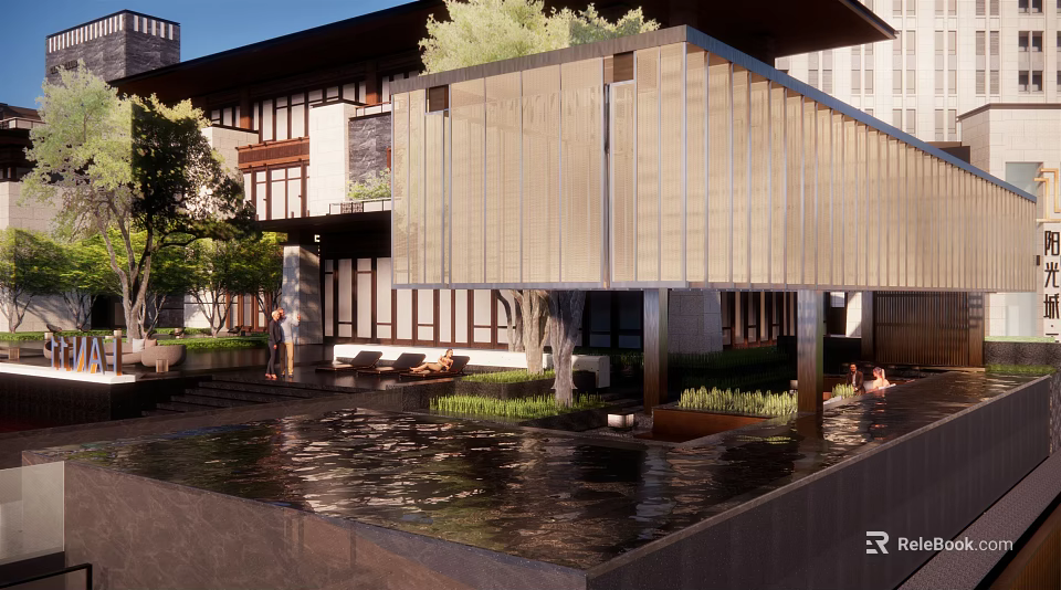 Modern Garden Landscape Design With Water Pond Green Plants And Pavilion Structure 3d model 