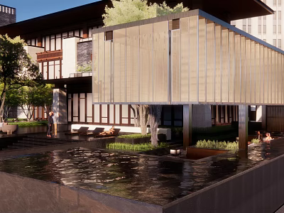 Modern Garden Landscape Design With Water Pond Green Plants And Pavilion Structure 3d model