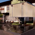 Modern Garden Landscape Design With Water Pond Green Plants And Pavilion Structure