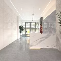 Modern Front Desk Reception With Marble Countertop Red Receptionist Gray Backdrop Wall And Green Plant