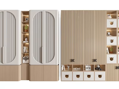 Modern Wardrobe Design With Wooden Panels White Arched Doors Open Shelves And Storage Drawers 3d model