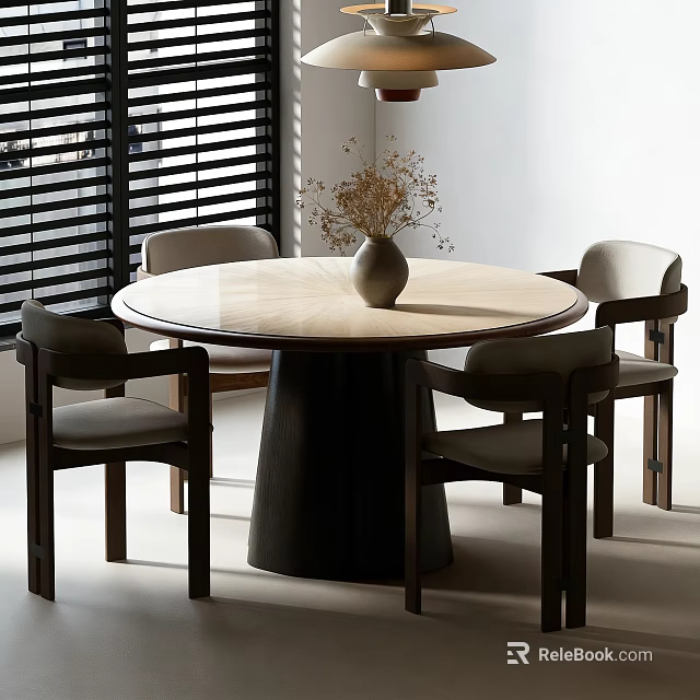 Modern Dining Table Set With Round Wooden Tabletop Four Gray Cushioned Chairs Vase And Flowers 3d model 