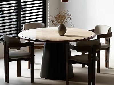 Modern Dining Table Set With Round Wooden Tabletop Four Gray Cushioned Chairs Vase And Flowers 3d model