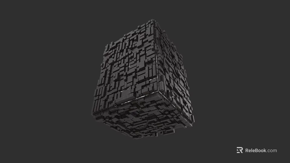 Abstract Black Urban Architecture Cube With Intricate Building Module Design 3d model 