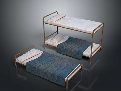 Bunk Bed and Single Bed with Metal Frame Mattresses Blue Blankets and White Pillows 3d model