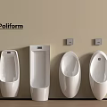 Four Various Designed Poliform White Urinals on Beige Wall with Wooden Floor and Sensors