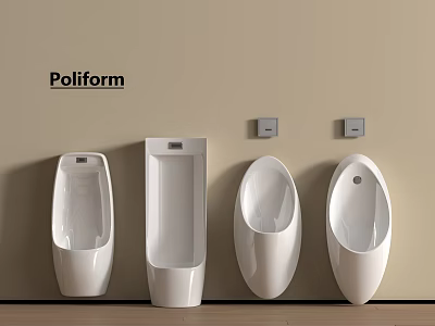 Four Various Designed Poliform White Urinals on Beige Wall with Wooden Floor and Sensors 3d model