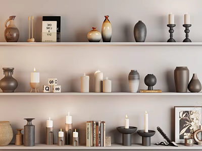 Modern Minimalist Decorative Ornament Combinations With Ceramic Vases Candles Books And Picture Frames On Shelves 3d model