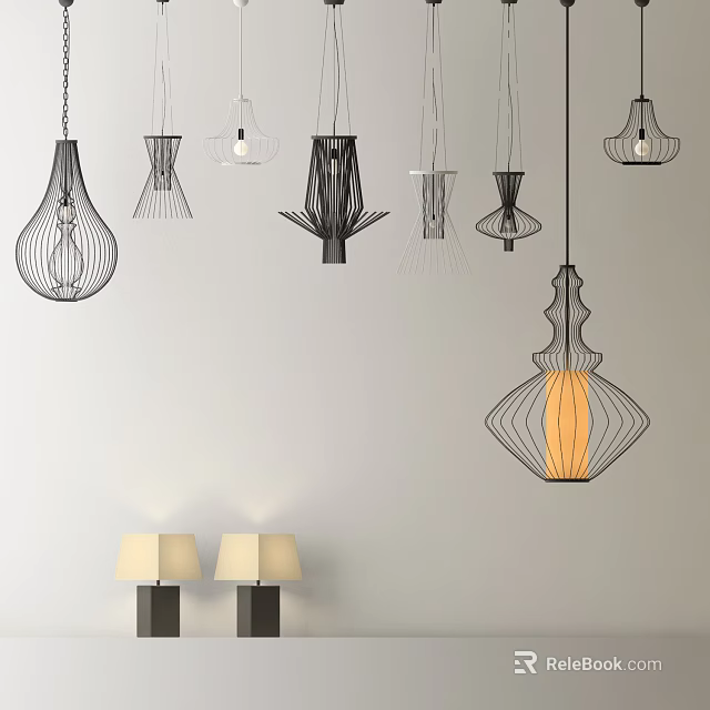 Modern Decorative Pendant Lights And Table Lamps Lighting Combination With Wireframe Structure 3d model
