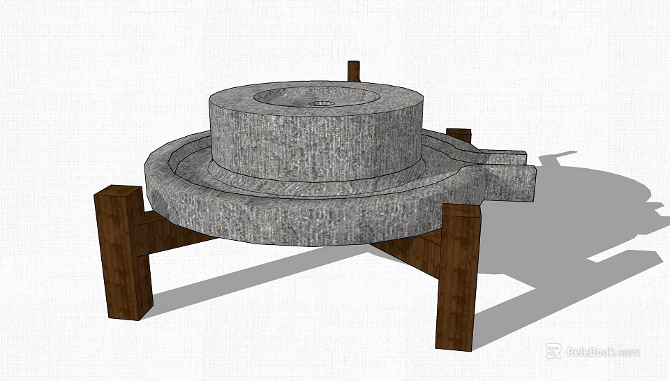 Garden Ornament Featuring Stone Millstone With Circular Layered Design And Wooden Stand 3d model 