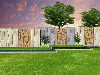 Garden Feature Wall With Varied Stone Panels Green Lawn And Trees 3d model