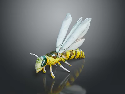 Yellow and Black Striped Wasp with White Wings and Green Eyes on Dark Reflective Surface 3d model