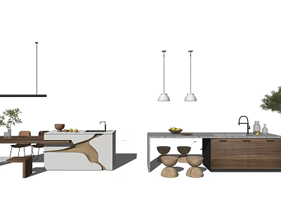 Modern Dining Table Set With Wooden Top Hanging Lights And Dining Chairs 3d model