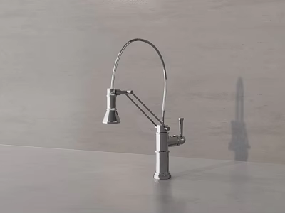 Modern Silver Bathroom Accessories Featuring Curved Gooseneck Faucet With Metal Base And Grey Countertop 3d model