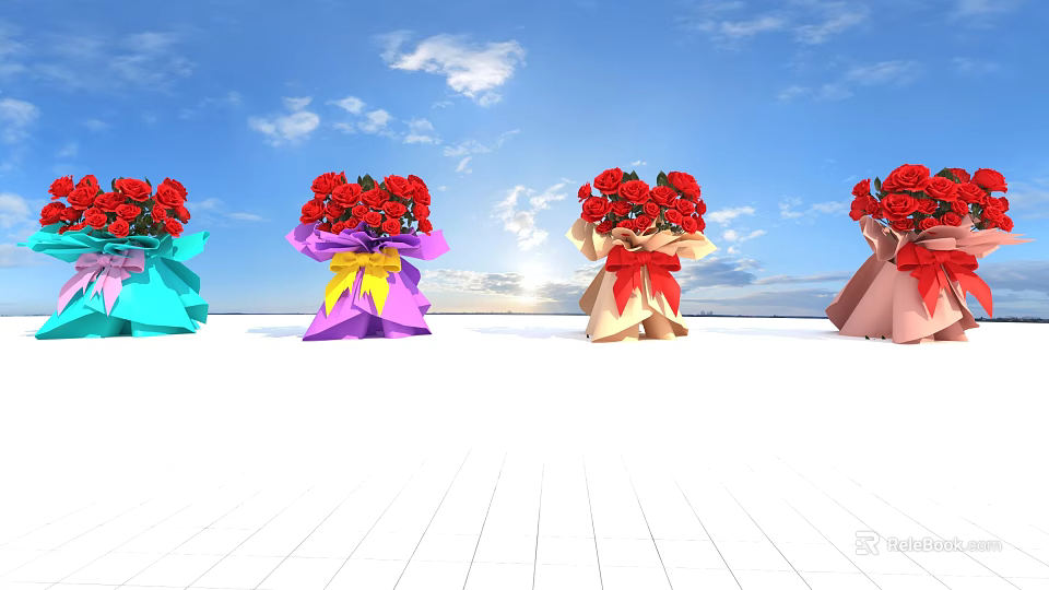 Artistic Floral Installation With Colorful Wrapped Red Flower Bouquets Against Blue Sky 3d model 