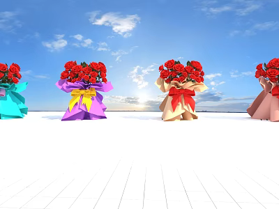 Artistic Floral Installation With Colorful Wrapped Red Flower Bouquets Against Blue Sky 3d model