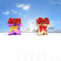 Artistic Floral Installation With Colorful Wrapped Red Flower Bouquets Against Blue Sky