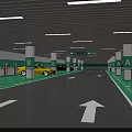 Modern Parking Lot With Green And White Pillars Directional Arrows Yellow Cars And Ceiling Lights