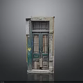 Vintage Weathered Green Wooden Door With Glass Panels And Stone Frame