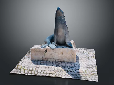 Detailed Seal Statue Perched On Weathered Stone Base With Cobblestone Pavement 3d model