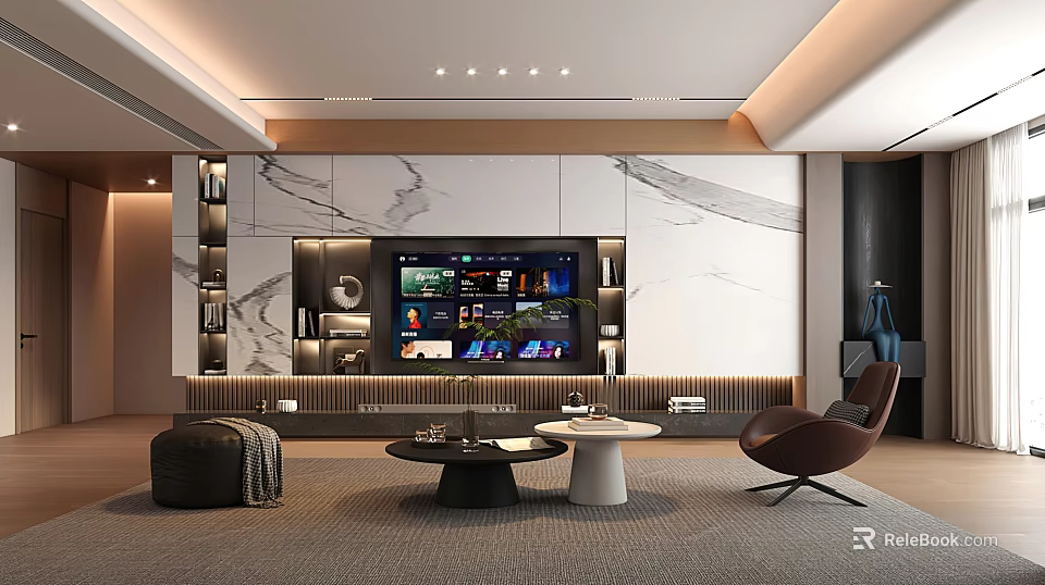 Modern Living Room Interior Design With TV Wall Coffee Tables And Area Rug 3d model 