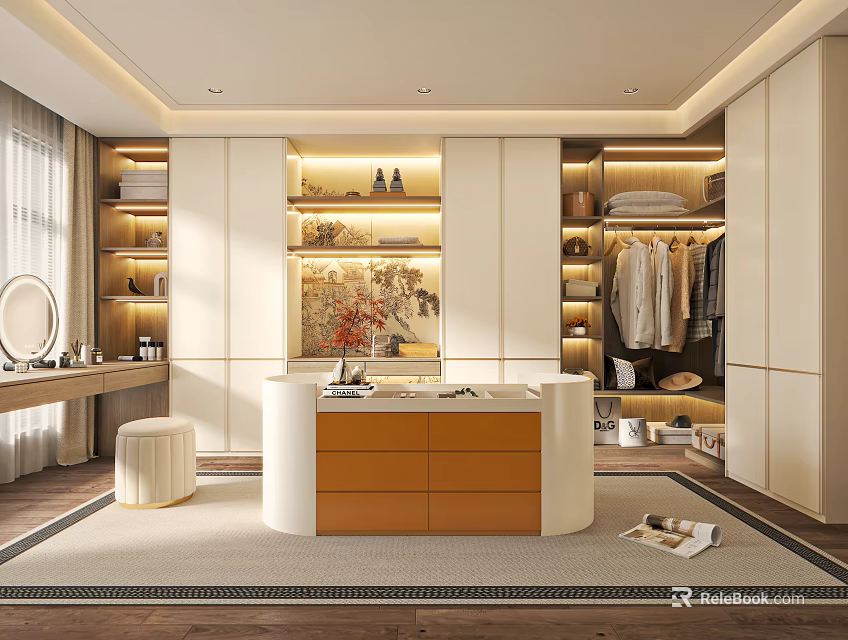 Modern Walk In Closet Interior With Dressing Table And Organized Storage 3d model 