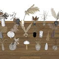 Vases In Various Shapes Materials With Dried Flowers Reeds Feathers On Wooden Floor White Wall