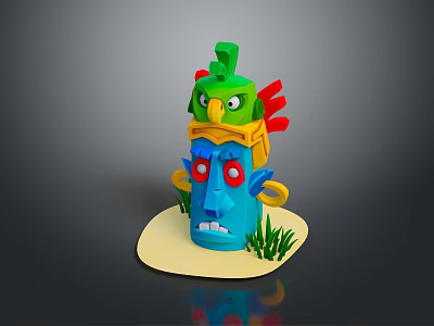 Scenic Tropical Beach Landscape With Colorful Two Headed Statue Green Grass And Yellow Sand 3d model