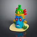 Scenic Tropical Beach Landscape With Colorful Two Headed Statue Green Grass And Yellow Sand