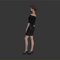Woman in Black Off Shoulder Dress Standing Against Gray Background with High Heels